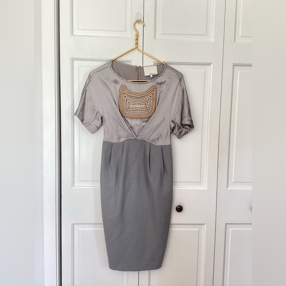 3.1 Phillip Lim Grey Floral Beaded Rhinestone Designer Short Sleeve Dress 0 - Picture 2 of 7